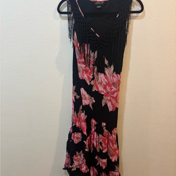 Vintage Whimsigoth Boho Fairycore Black Floral Fringe Chiffon Dress Beaded - Picture 2 of 15